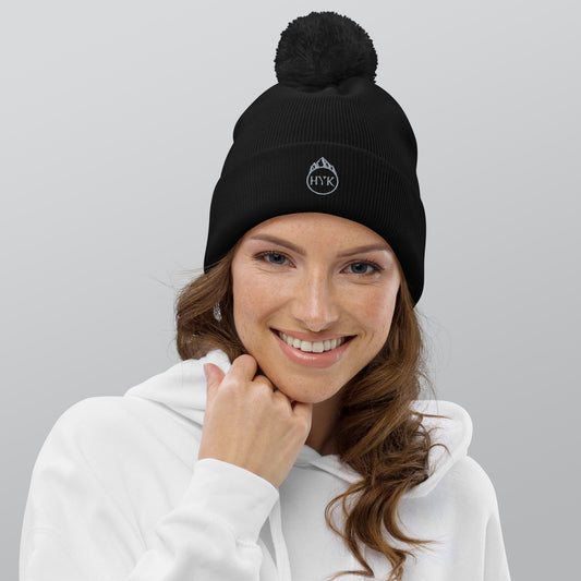 high quality embroidered pom beanie for hiking and outdoors
